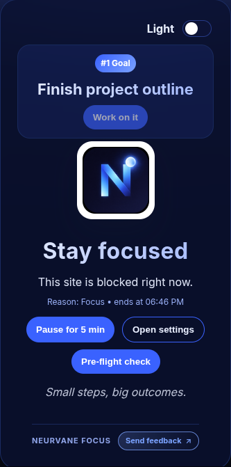 Stay focused page showing the number one goal, Finish project outline, above the blocked-site message.
