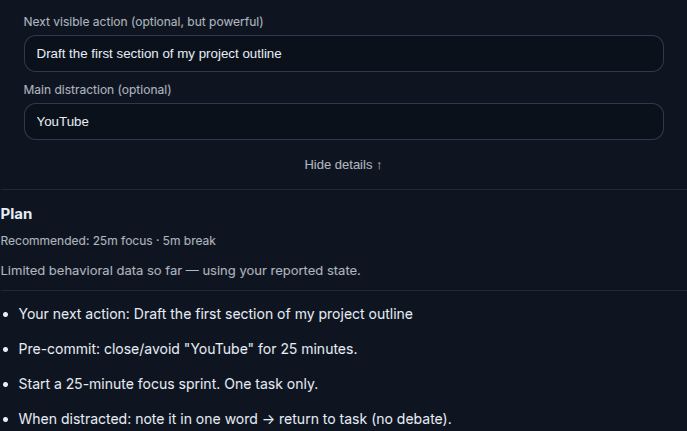 Pre-flight plan: draft the first section of a project outline, avoid YouTube for 25 minutes, complete a focus sprint, then take a five-minute break.