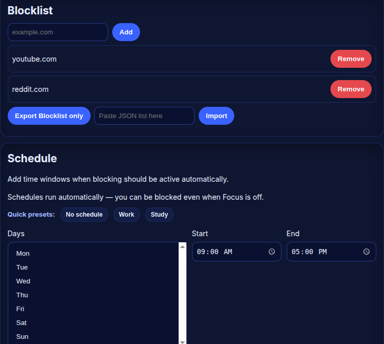 Settings showing a blocklist containing YouTube and Reddit, schedule presets, weekdays, and start and end times.